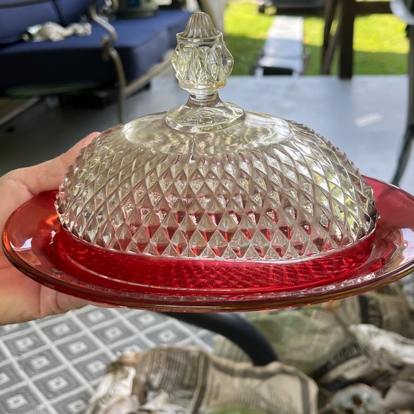 Vintage Indiana Glass Ruby Flash Diamond Point Oval Covered Butter Dish, Indiana - Picture 1 of 4